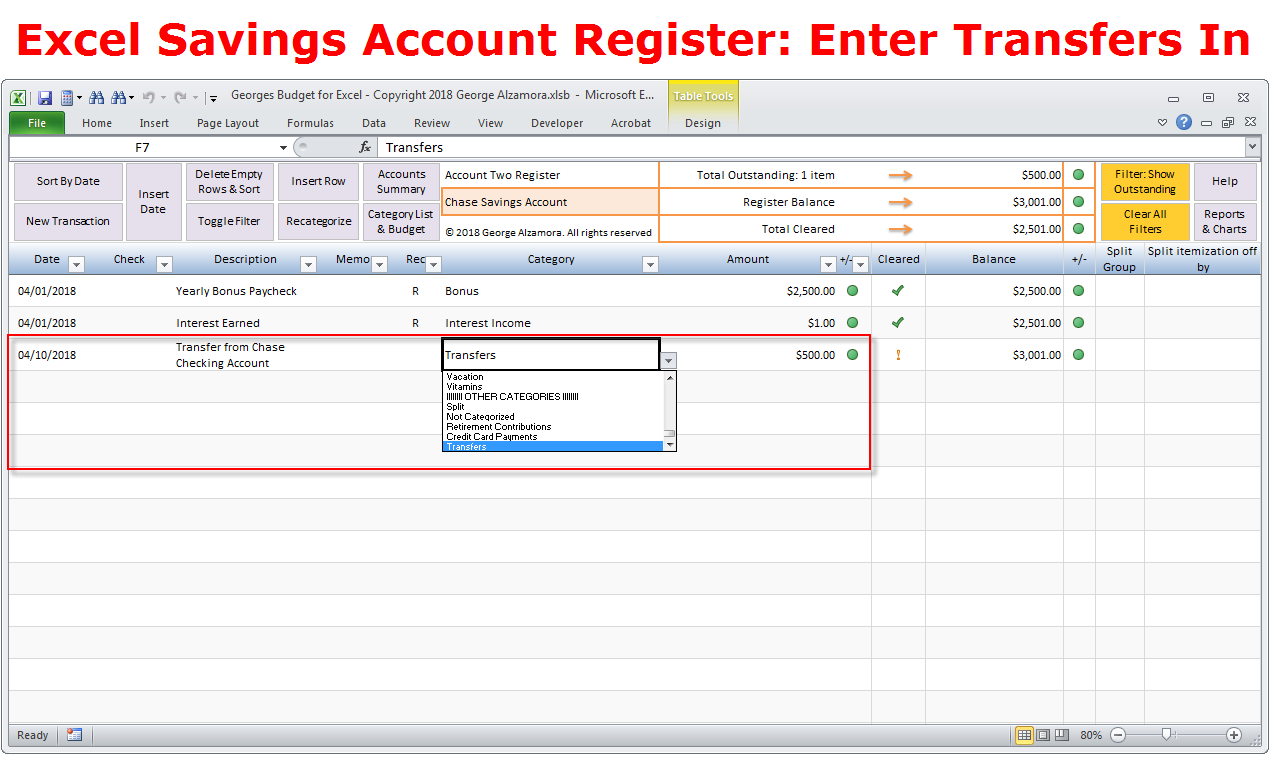 Transfer money between accounts in excel checkbook register