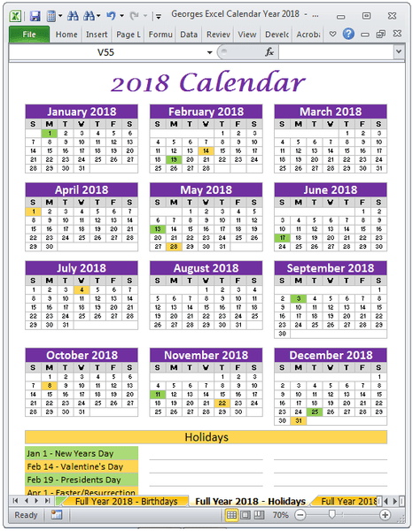 2018 Calendar Year in Excel Spreadsheet - Printable - Digital Download ...