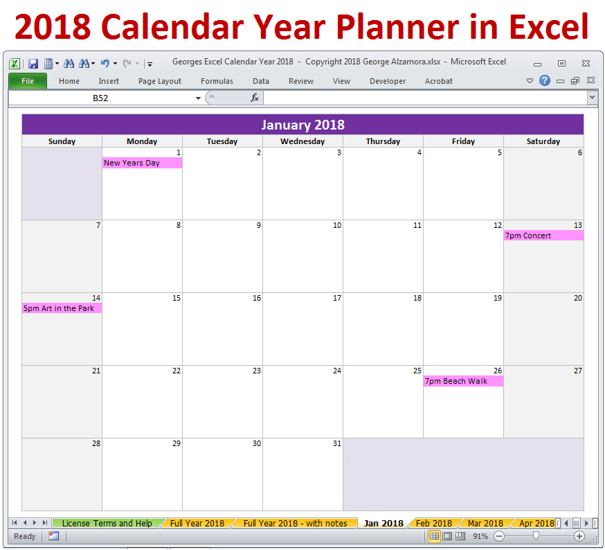 2018 Calendar Year in Excel Spreadsheet Printable Digital Download