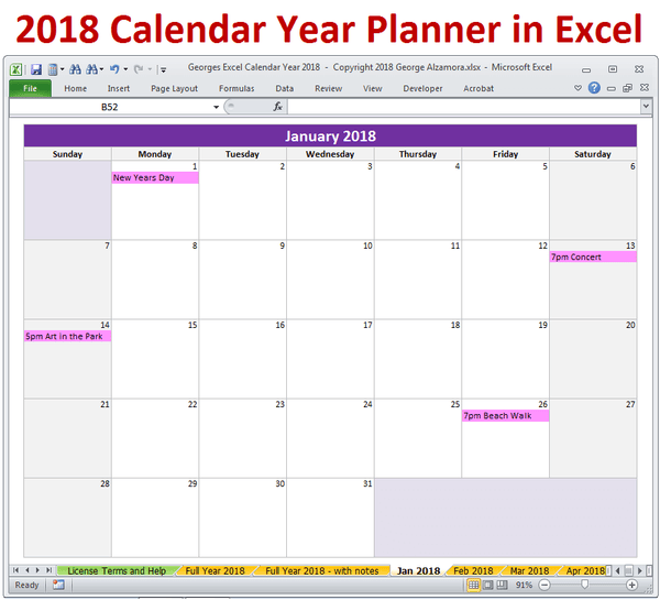 2018 Calendar Year in Excel Spreadsheet - Printable ...