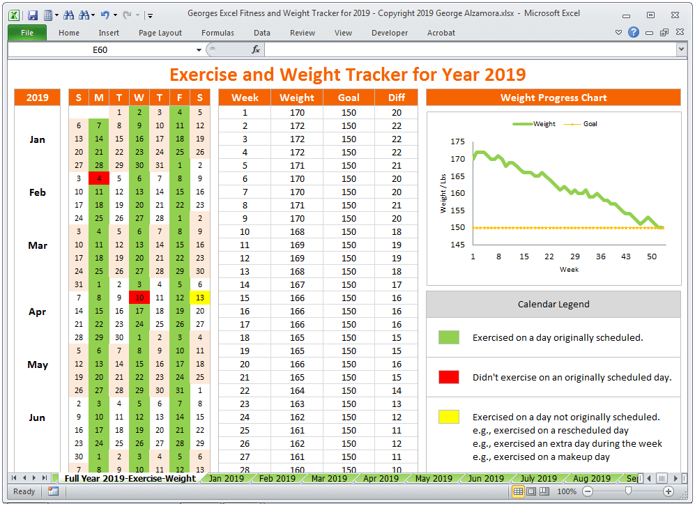 Excel Fitness - Weight Tracker for Year 2019 - Spreadsheet ...