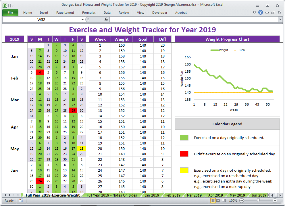 Excel Fitness Weight Tracker for Year 2019 Spreadsheet Printable