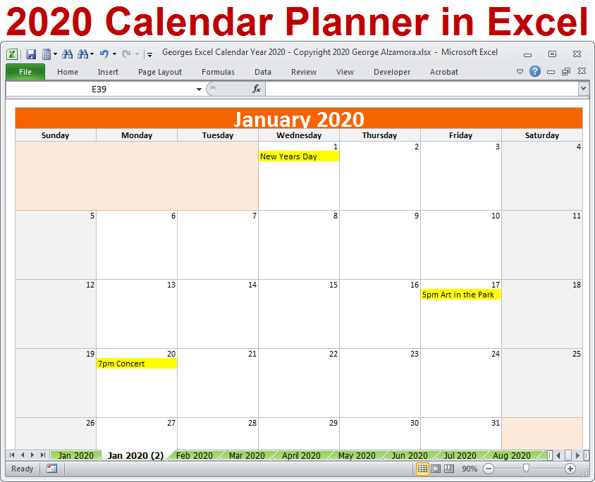 2020 Calendar Year In Excel Spreadsheet Printable Digital Download 9608