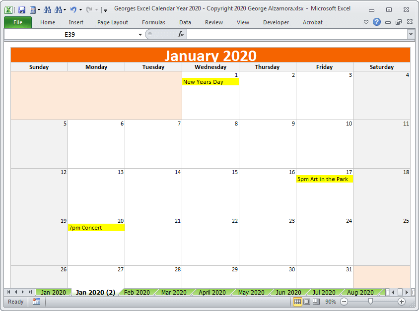 2020 Calendar Year In Excel Spreadsheet Printable Digital Download