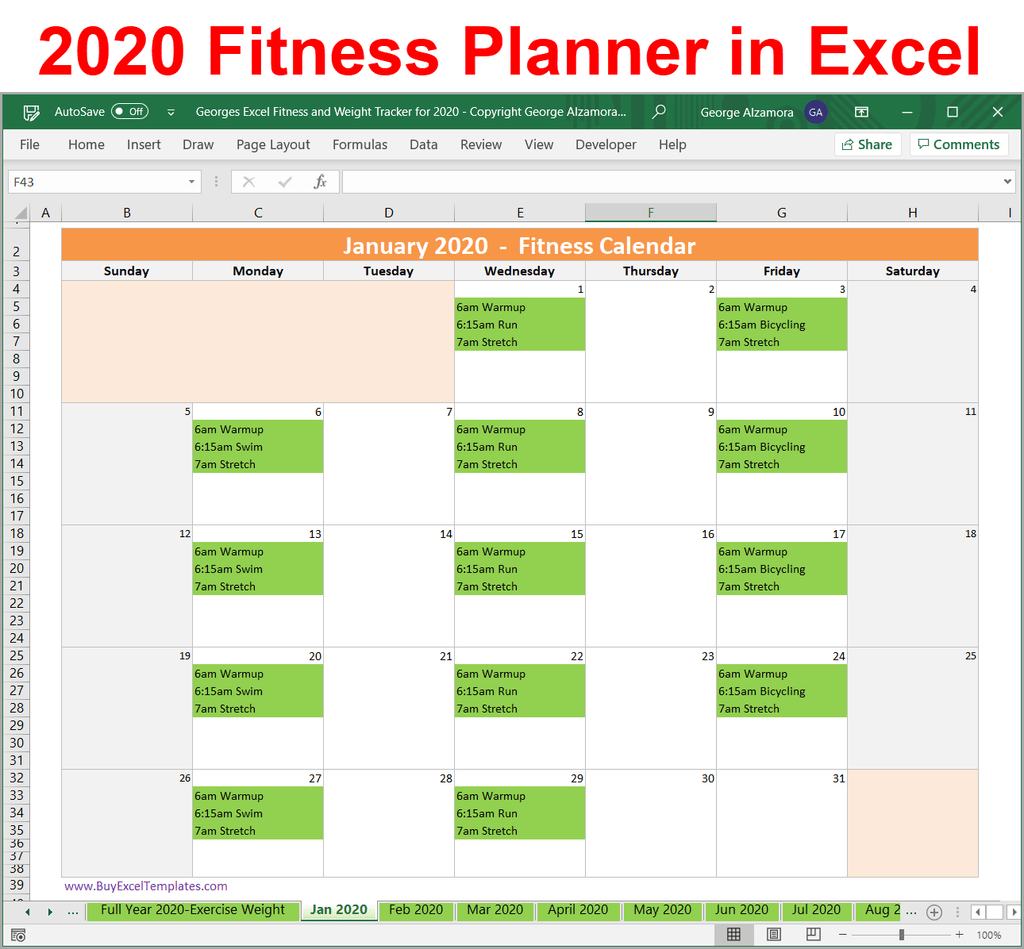 Exercise Weight Tracker For Year 2020 Excel Spreadsheet Printable