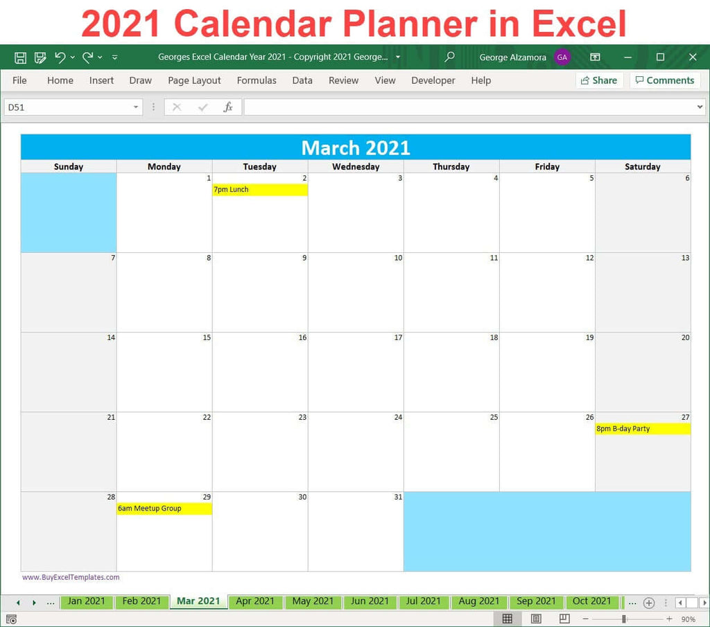 2021 Excel Calendar Planner Template Monthly Yearly
