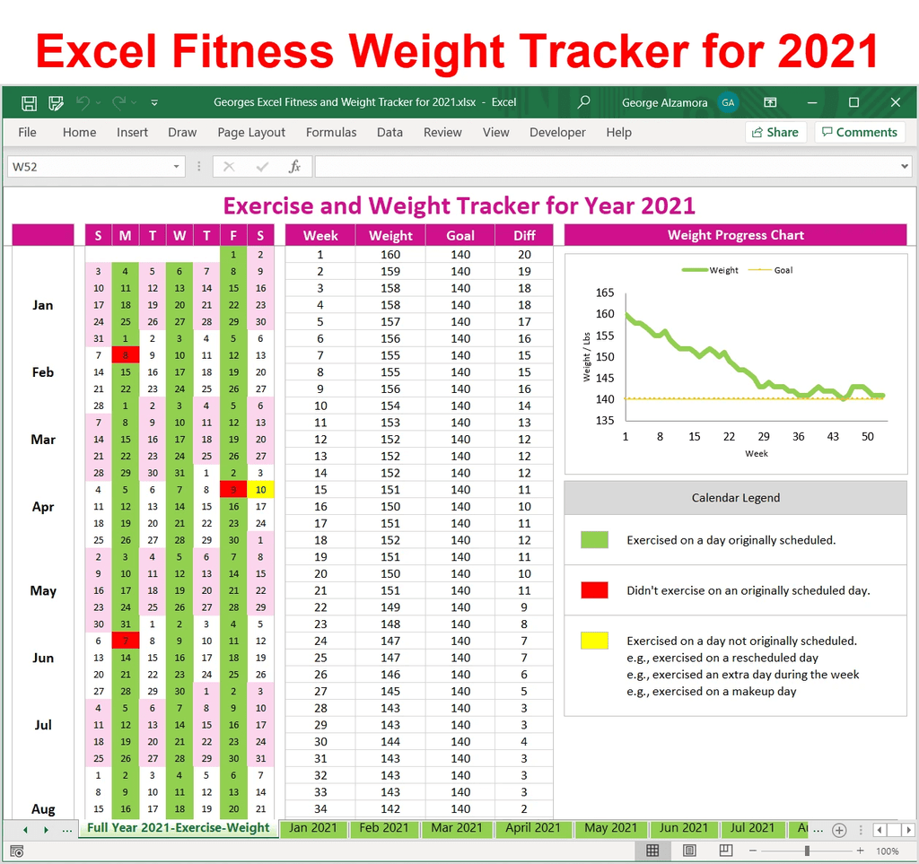 Exercise Weight Tracker for Year 2021 - Excel Spreadsheet - Printable - BuyExcelTemplates.com