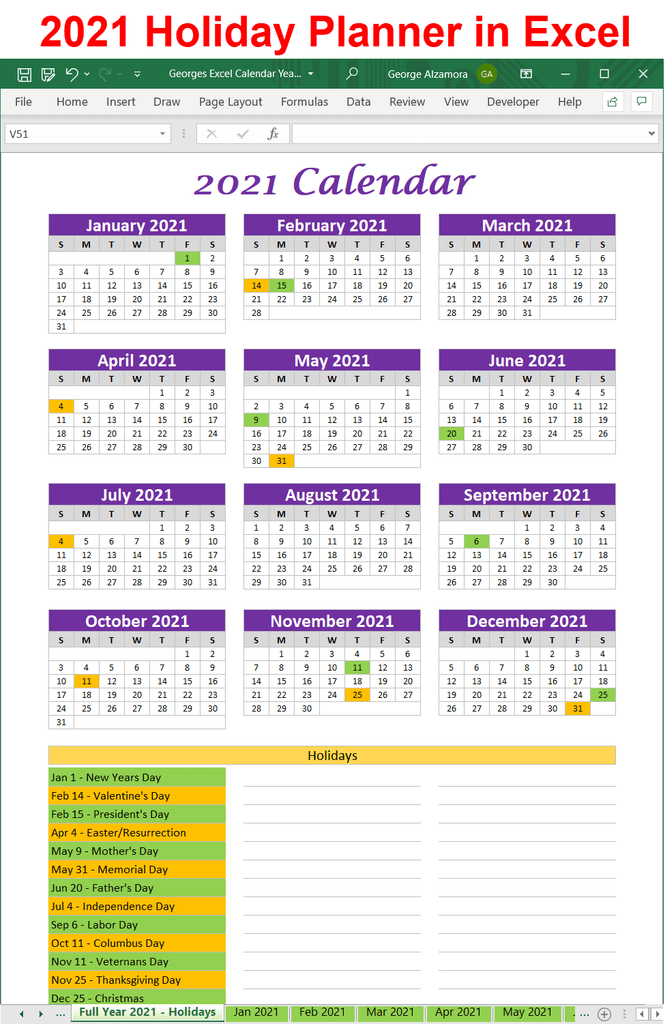 2021 Excel Calendar Planner Template Monthly Yearly ...