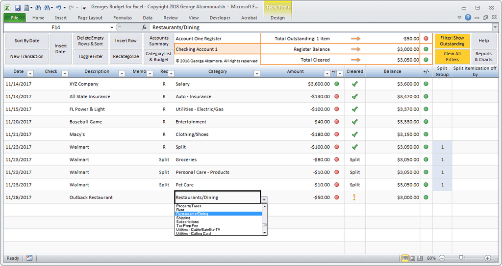 excel checkbook