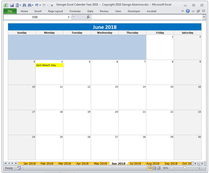 2018 calendar year in excel spreadsheet printable digital download buyexceltemplates com