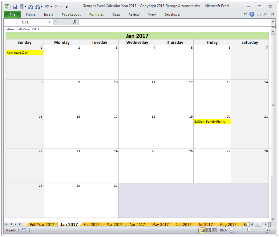 Excel Calendar Year 17 Spreadsheet Buyexceltemplates Com