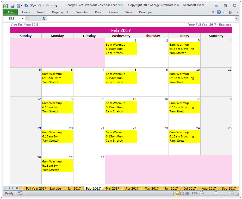 Excel Workout Calendar Year 17 Spreadsheet Printable Download Buyexceltemplates Com