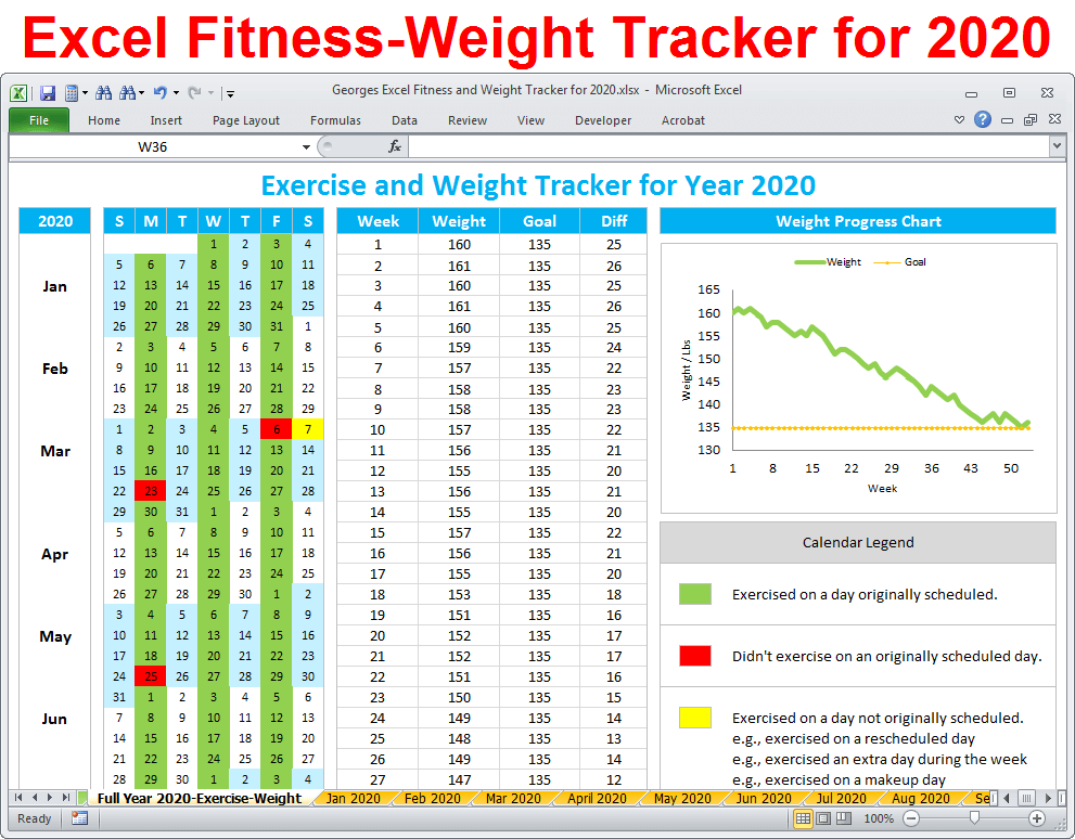 Exercise Weight Tracker for Year 2020 - Excel Spreadsheet - Printable - BuyExcelTemplates.com