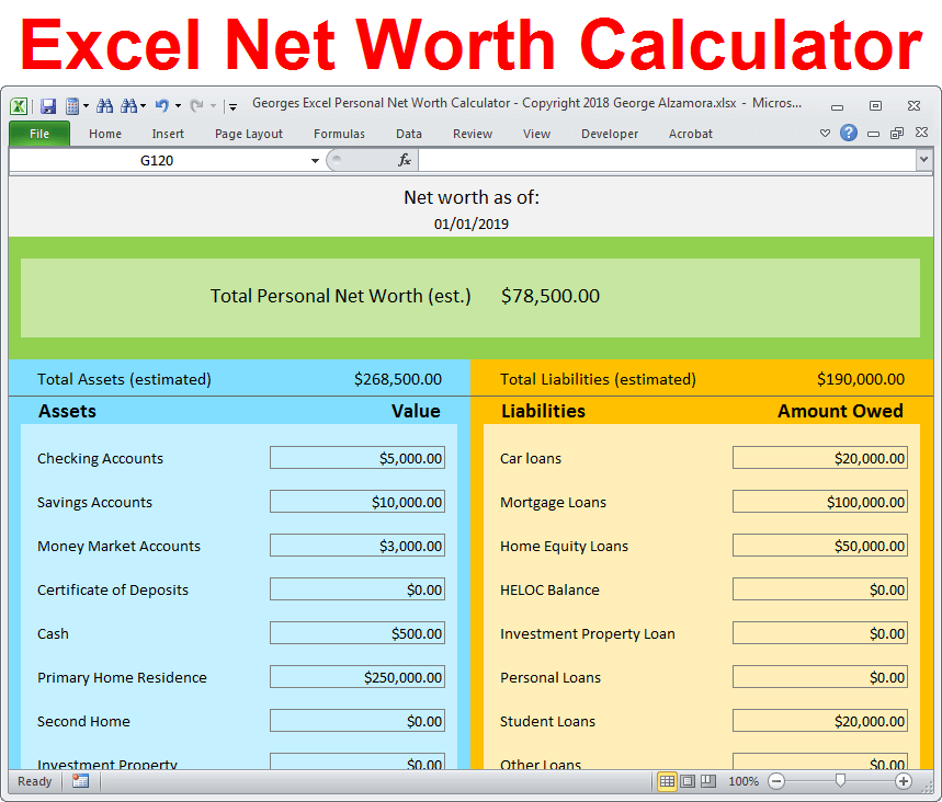 Personal Net Worth Calculator: Excel Spreadsheet Asset & Debt Tracker ...