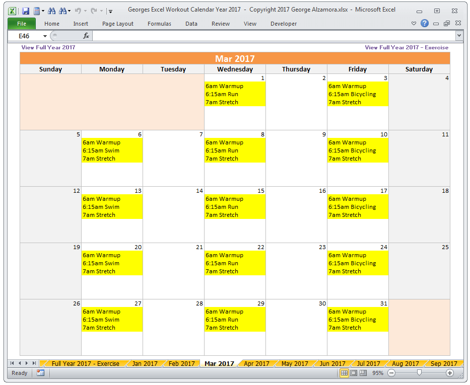 Excel Workout Calendar Year 17 Spreadsheet Printable Download Buyexceltemplates Com