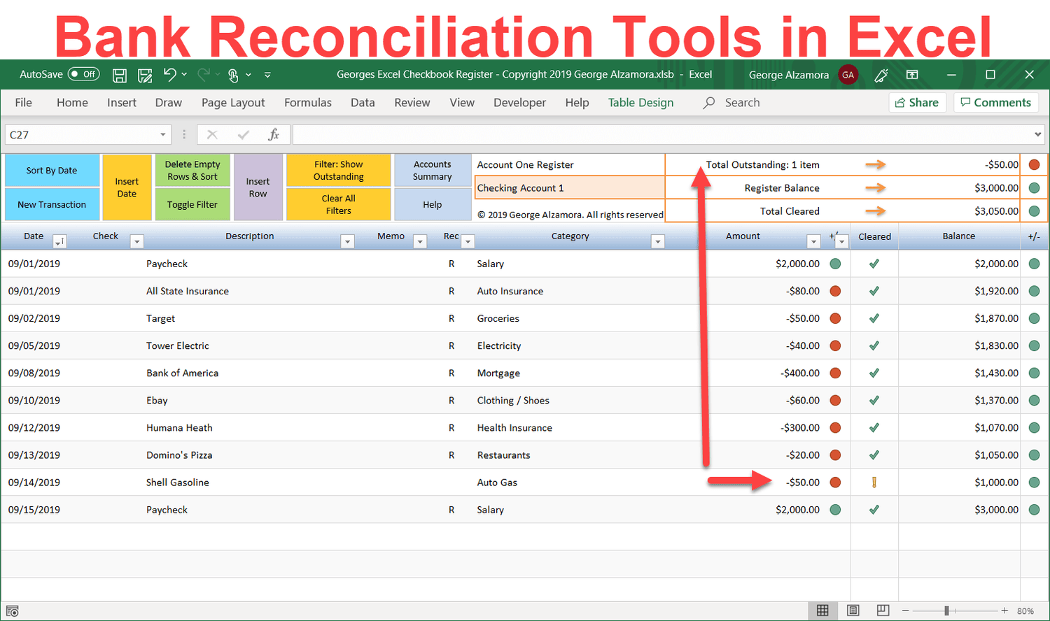 excel checkbook register with reconciliation