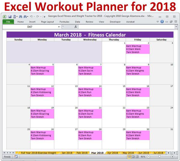 Excel Fitness - Weight Loss Tracker Template for Year 2018 - Printable