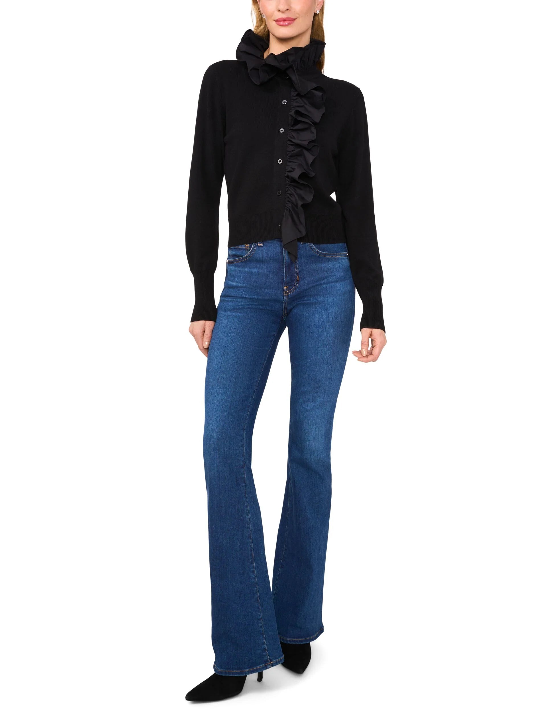 Button Down Top with Woven Ruffle Neck & Placket Trim