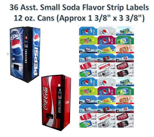 36 asst small soda flavor strips vending labels 20 oz bottles