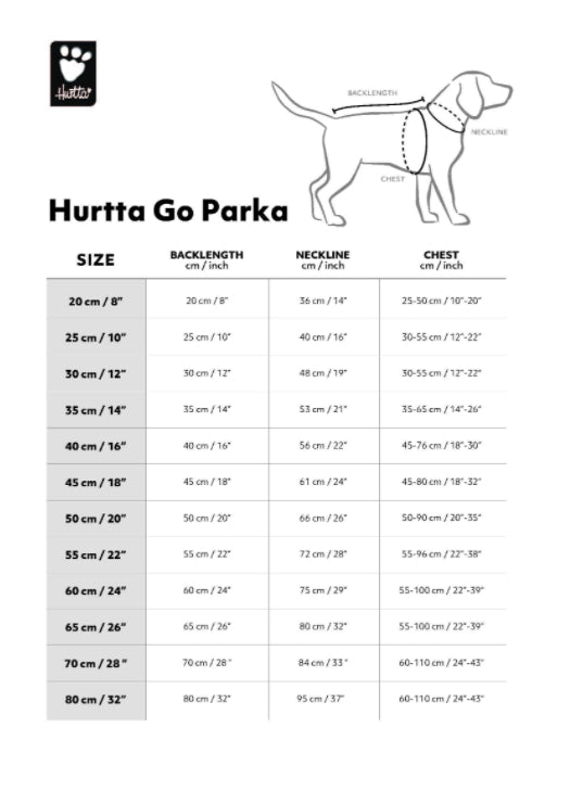 Hurtta Go Pro Parka Størrelses Guide