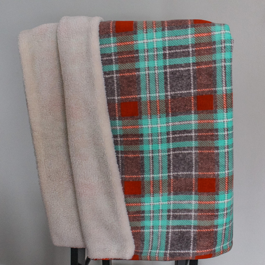 Blue And Orange Plaid Fleece Blanket With Sherpa Beyond The Trail