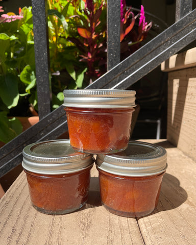 Vanilla Chai Spiced Peach Jam in 3 Half Pint Glass Jars
