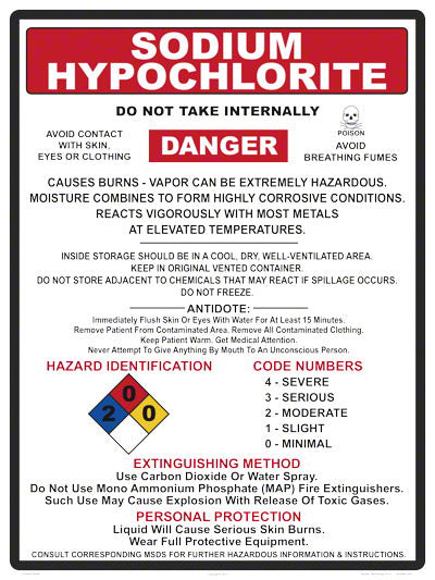 Sodium Hypochlorite Danger Instruction Sign - 18x24 Inch