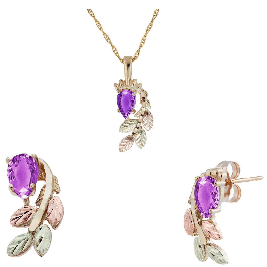 Black Hills Gold Pear Cut Amethyst Earrings & Pendant Set