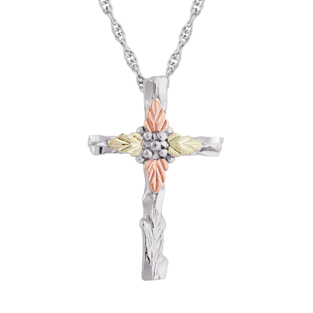 Sterling Silver Black Hills Gold Decorative Cross Pendant & Necklace
