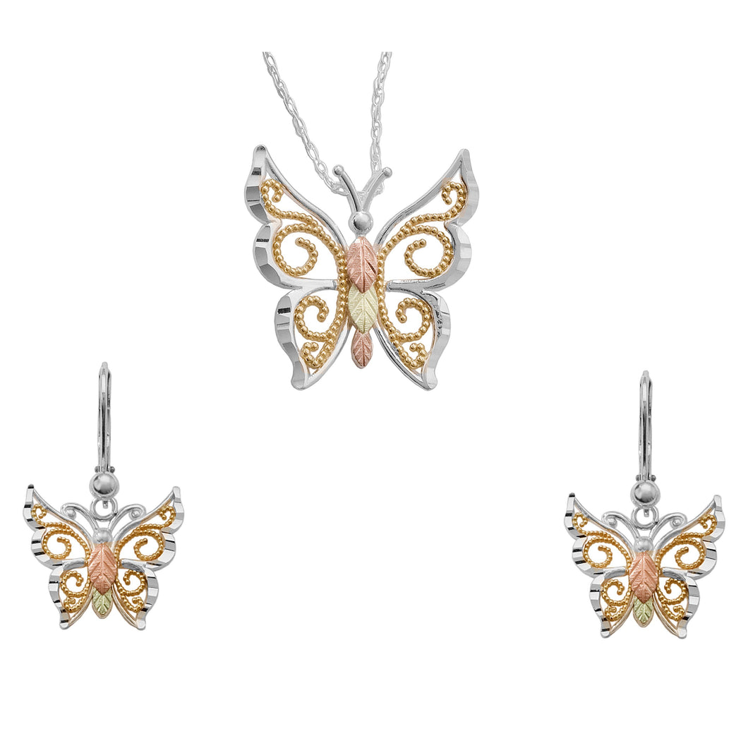 Sterling Silver Gilded Butterfly Earrings & Pendant Set