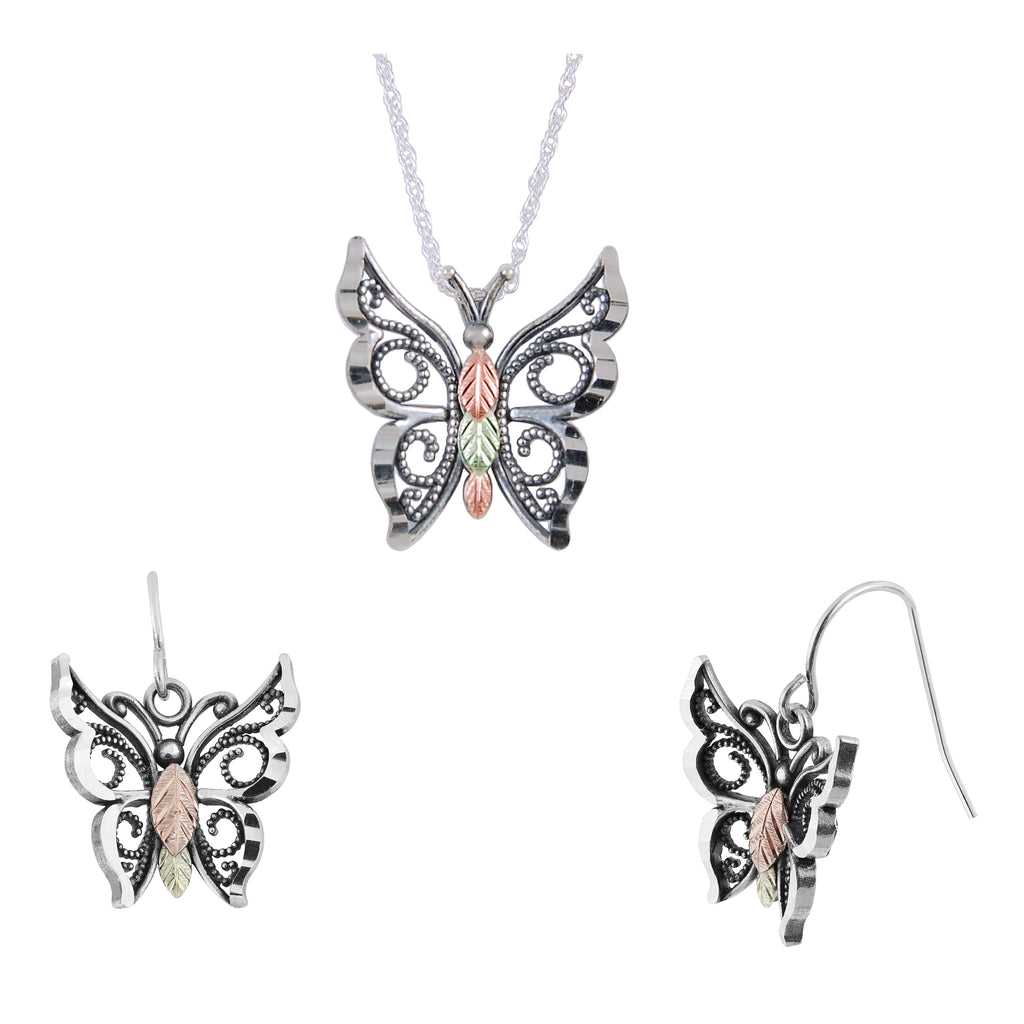 Sterling Silver Oxidized Butterfly Earrings & Pendant Set
