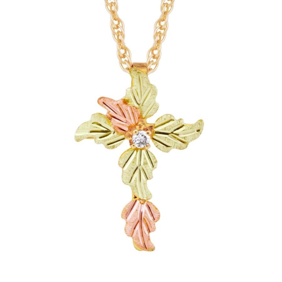 Black Hills Gold Leafy Diamond Cross Pendant & Necklace