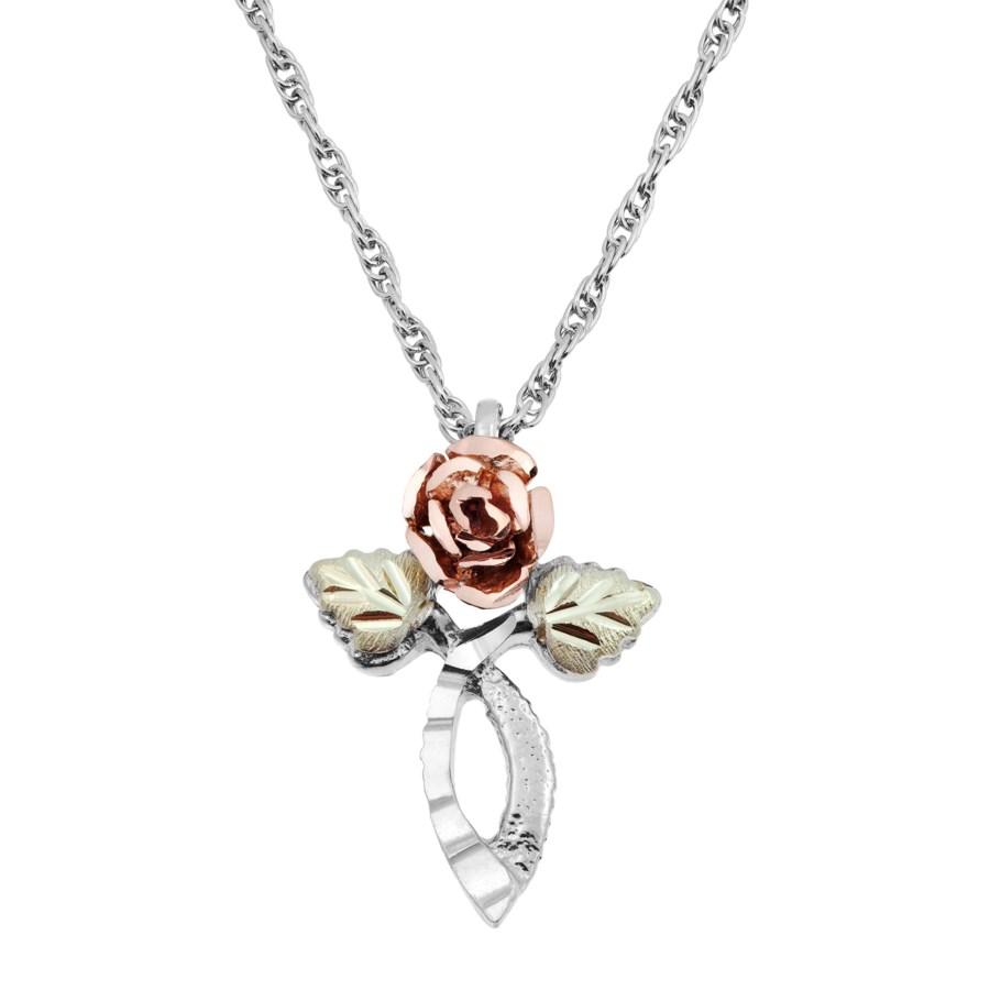 Sterling Silver Black Hills Gold Rose Pendant & Necklace