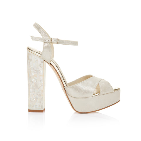 high heel block pearl champagne wedding shoes 