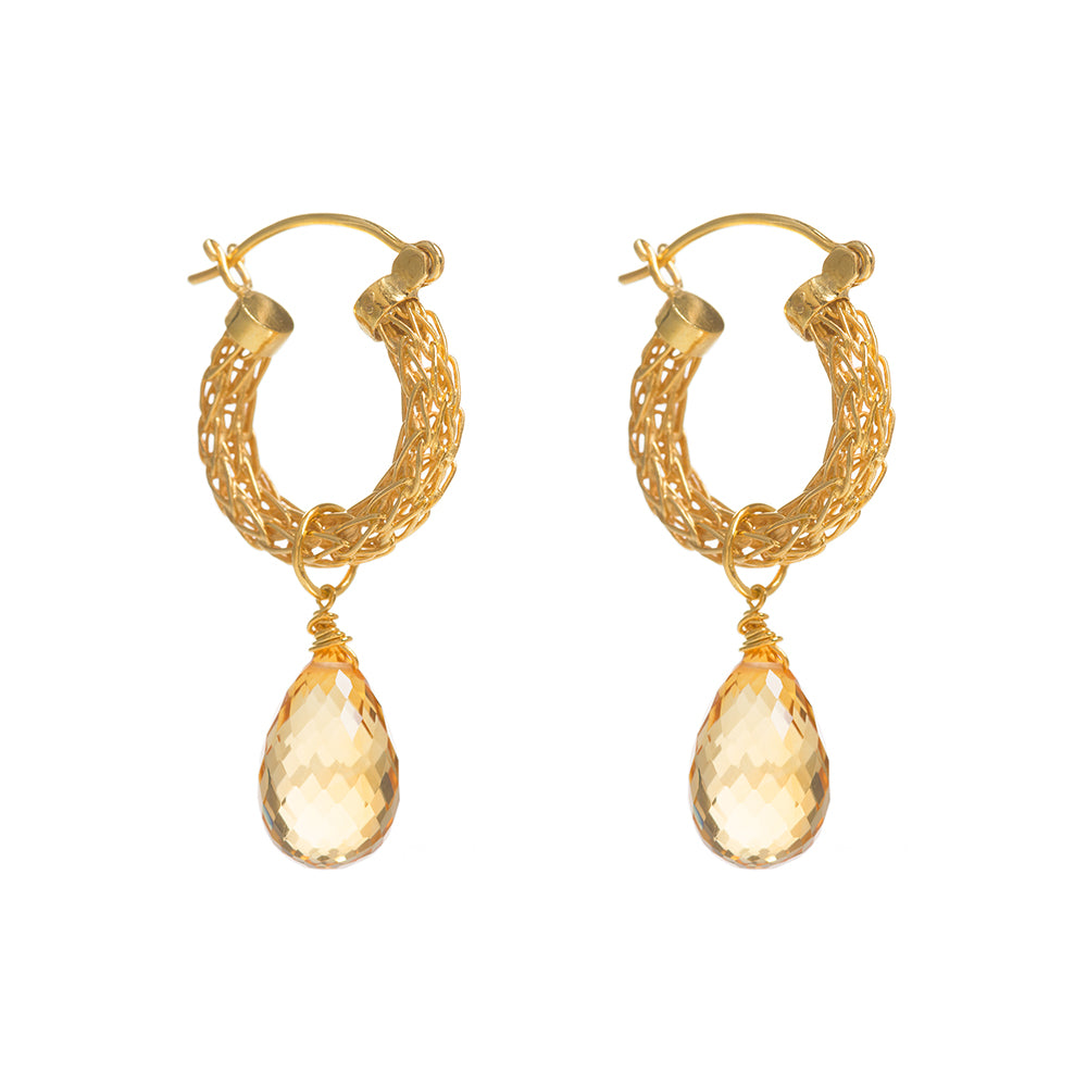 Gold Woven Mini Hoops with Citrine Charm on a white background. Earrings are made out of woven wire.