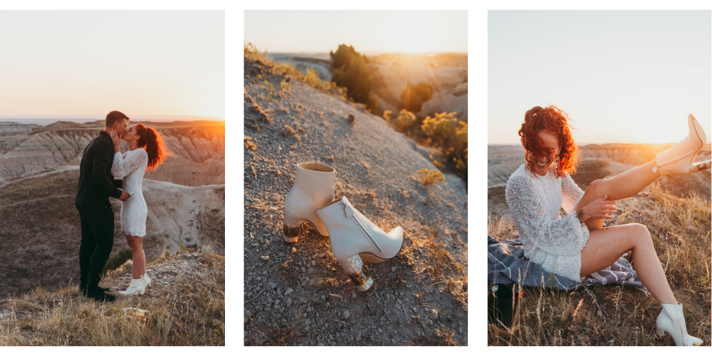 Three images side by side. Image 1 is of a married couple on top of a mountain at sunset kissing. Image 2 is of Freya Rose Jasmine White Designer Wedding Boots laying on the side of a mountain for a photo op. Image 3 is of the bride sitting on the top of a mountain at sunset putting on her boots with one foot in the air.