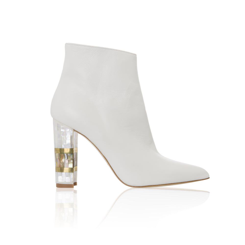 Freya Rose, Designer Shoe, White, Heeled Boot,10cm heel, 4" heel, block heel, pointed toe boot, white leather upper, mother of pearl heel, hand finished, intricate design, British couture