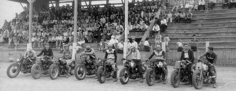 Riders line up at one of the earliest races at Sturgis