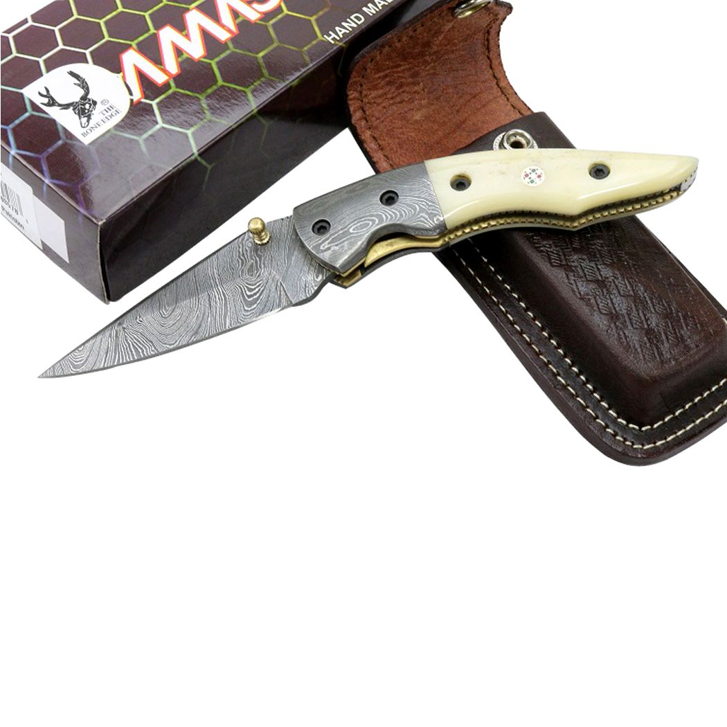  7" Damascus Blade Folding Knives Horn  Sheath-img-0