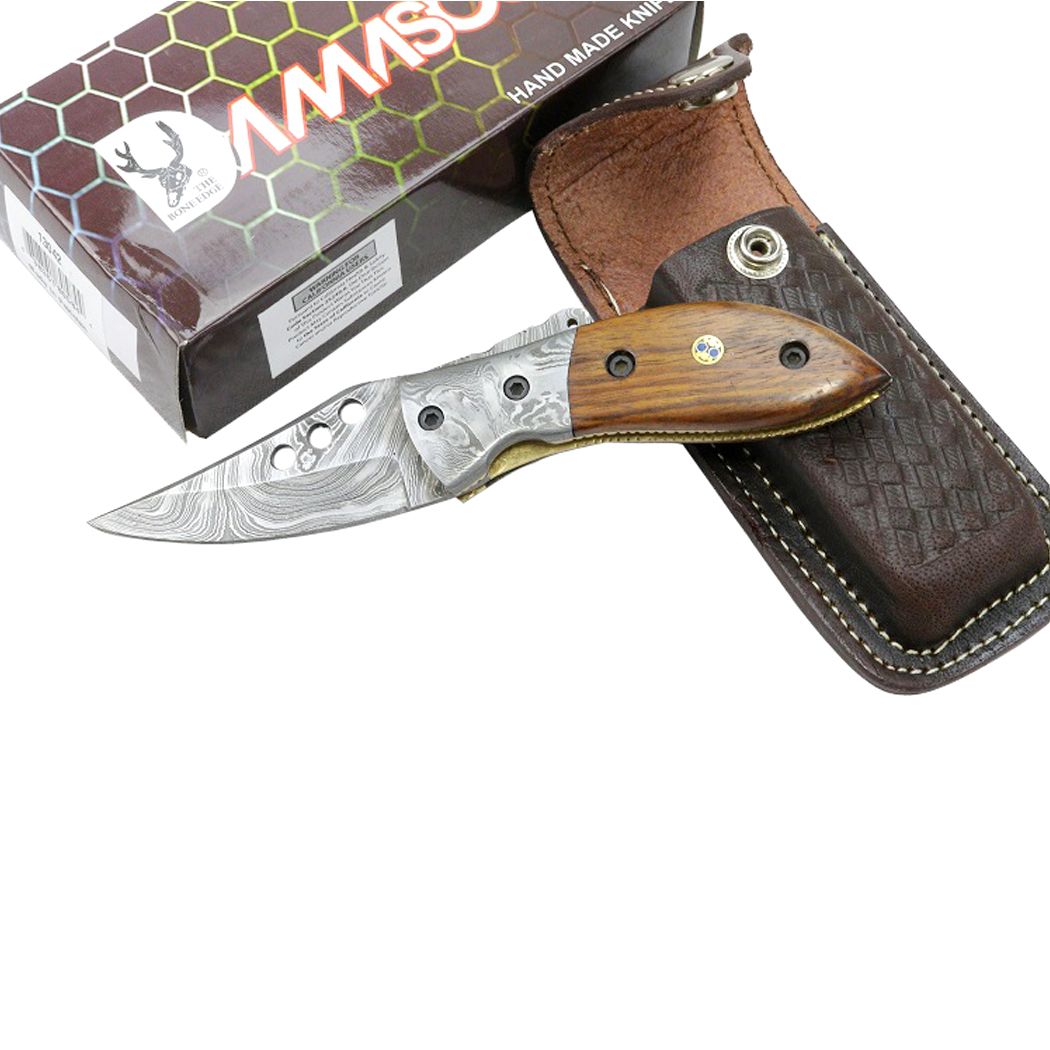  7" Damascus Blade & Wood Folding Knives  Sheath-img-0