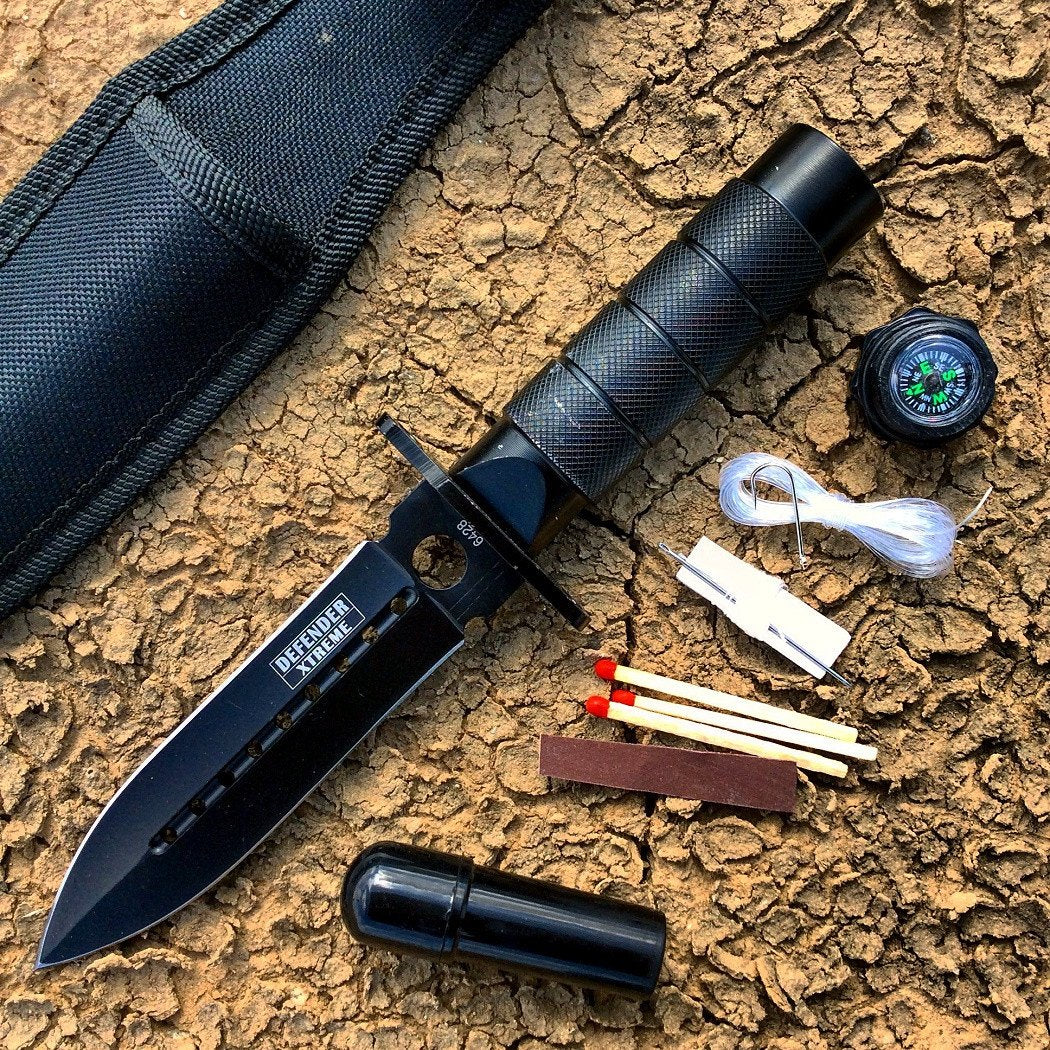8" All Black Survival Knife Survival Kit & Sheath-img-0