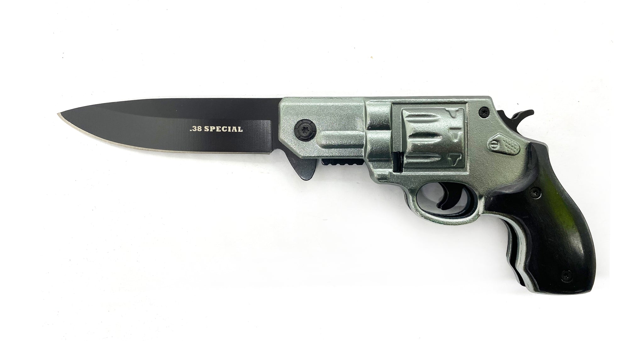 38 Special Revolver Pistol Spring Assisted Knife Silver (Blackwood)-img-0