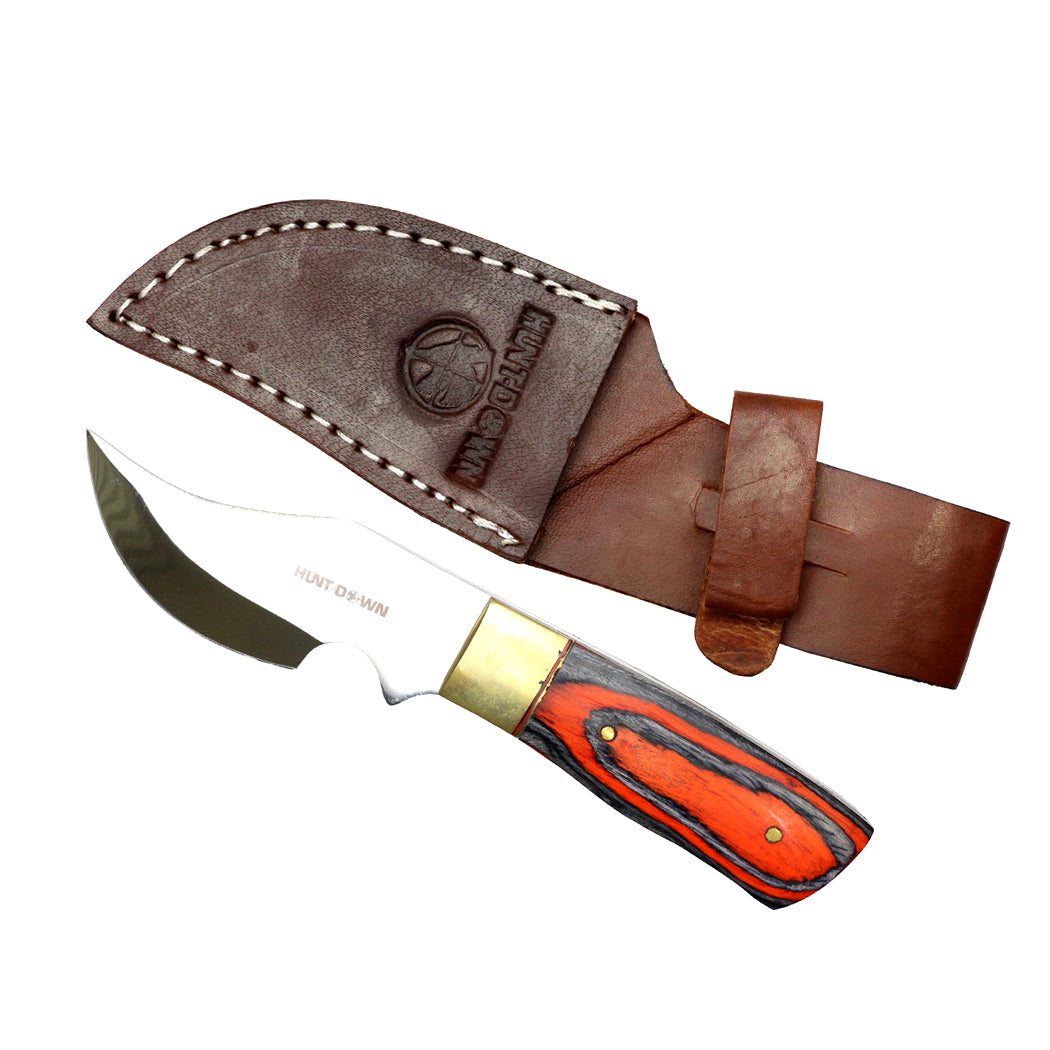 Hunt-Down 7" Full Tang Skinner Knife OrangeBlack Wood Leather Sheath-img-0