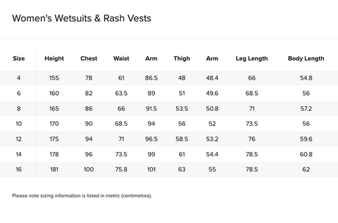 RIP CURL - women Wetsuit Size Chart - טבלת מידות חליפות גלישה נשים