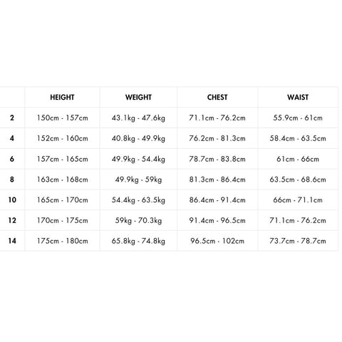 vissla - sisstr revolution - women's wetsuits - size chart