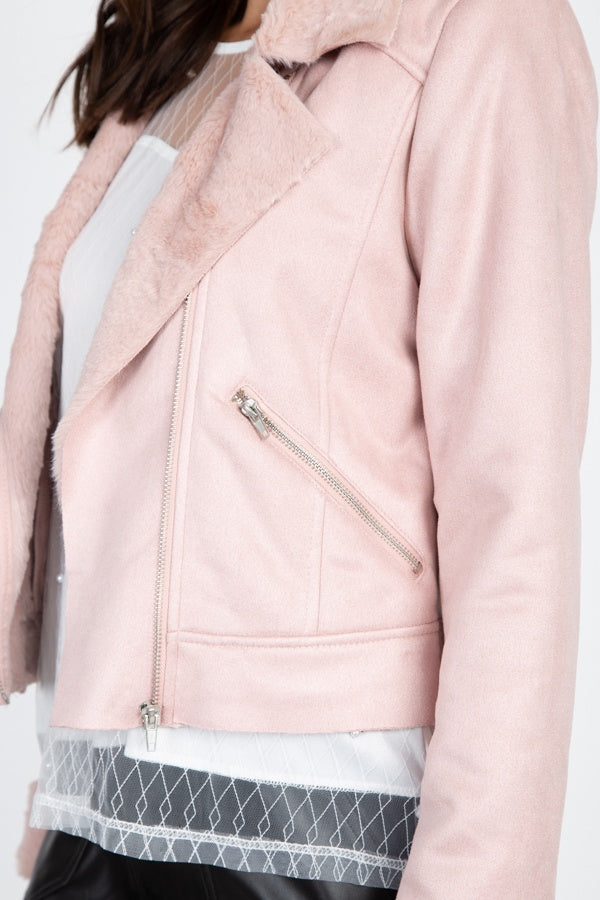 Pink Suede Faux Fur Moto Jacket