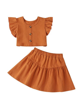 2-Piece Solid Color Outfit with Flutter Sleeves Button Top With Skirt