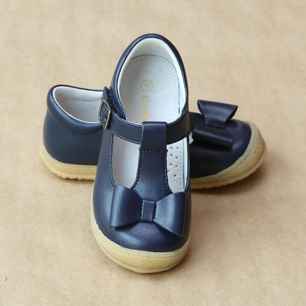 L'Amour Girls Navy Leather Stitched Bow 