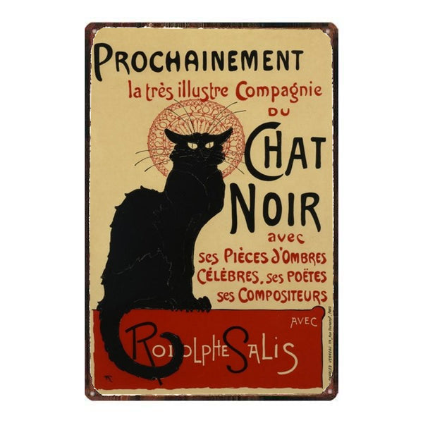 Plaque Metal Chat Noir Planete Vintage