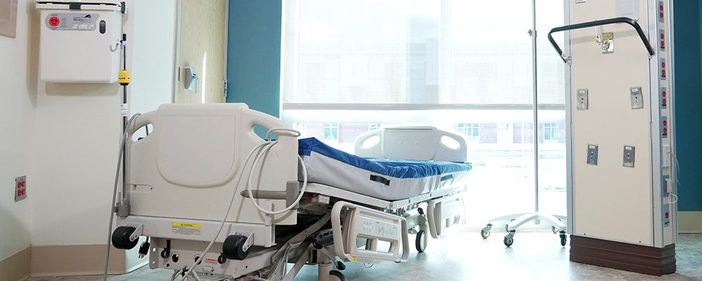 A hospital bed in a clinical setting